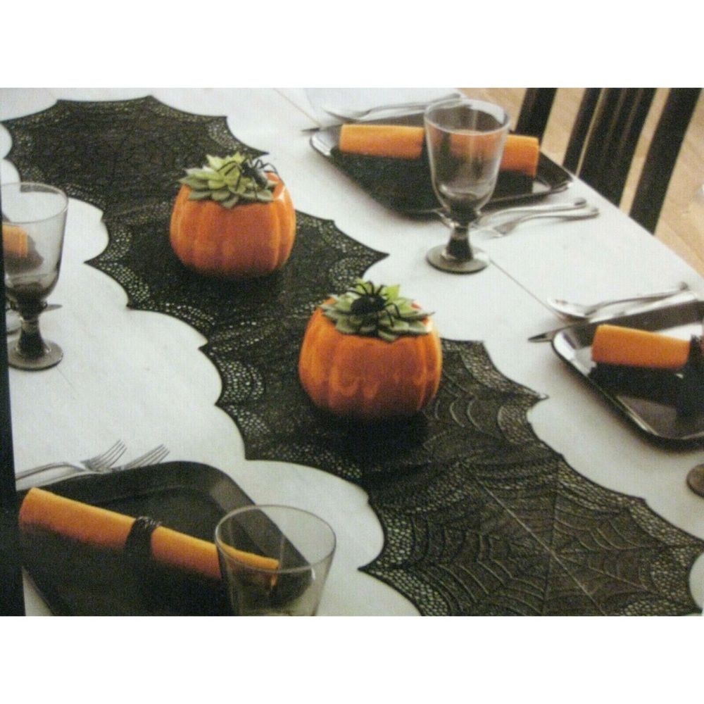 Black Vinyl Spider Web Table Runner 13x54 Halloween Horror Gothic Home Decor New